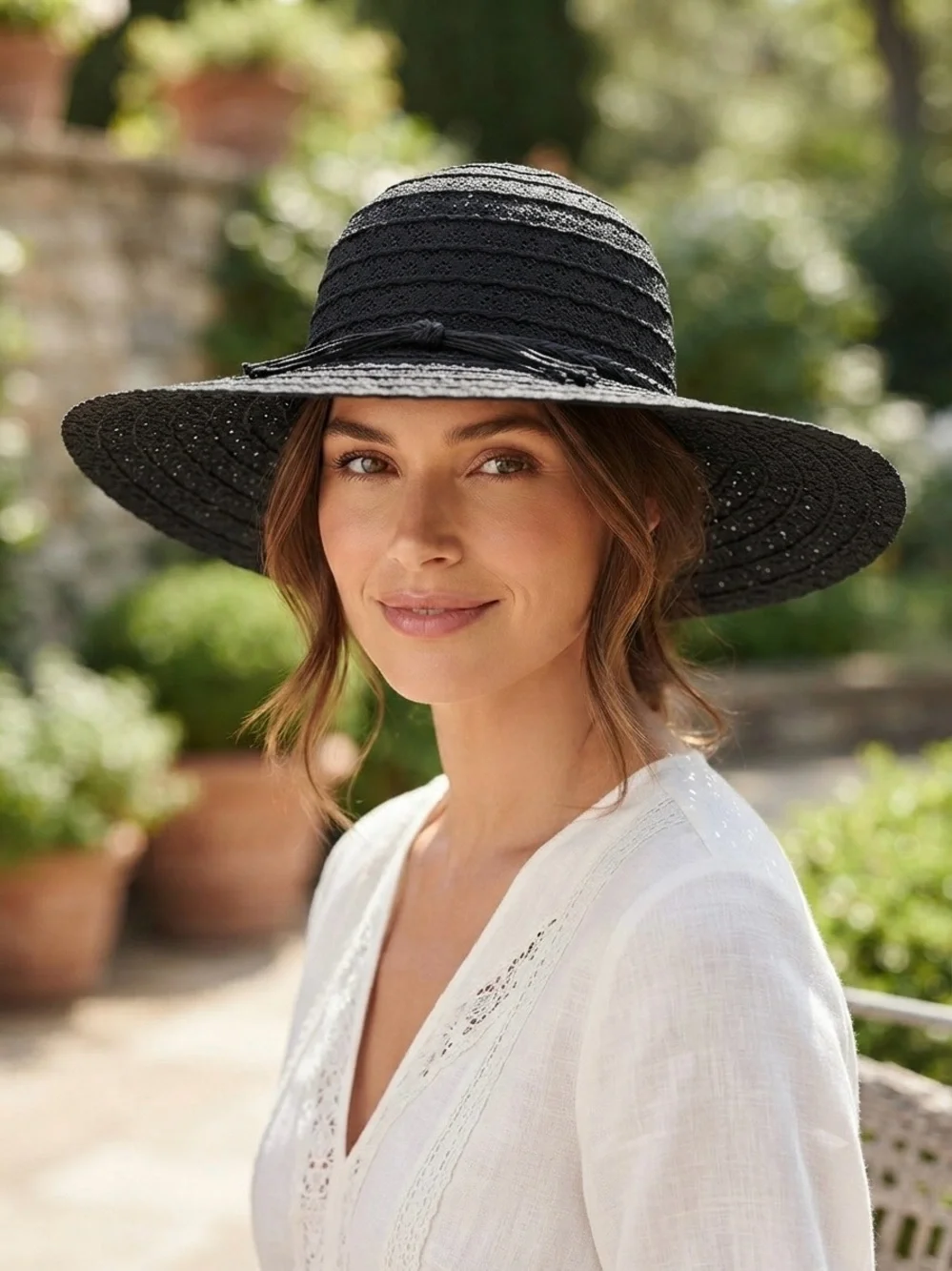 Brand New Elegant Black Crocheted Lace Wide-Brim Sun Hat